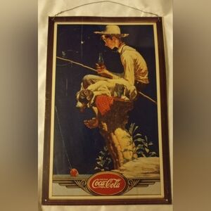 Preloved Vintage 1989 Coca-Cola Metal Sign With Norman Rockwell's Fishing Scene